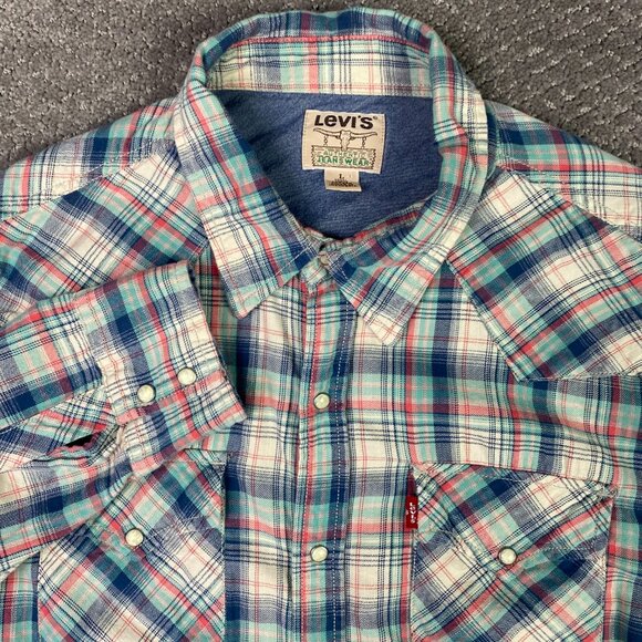 Levi's Blue and Red Plaid Casual Button Down Shirt - Picture 3 of 12